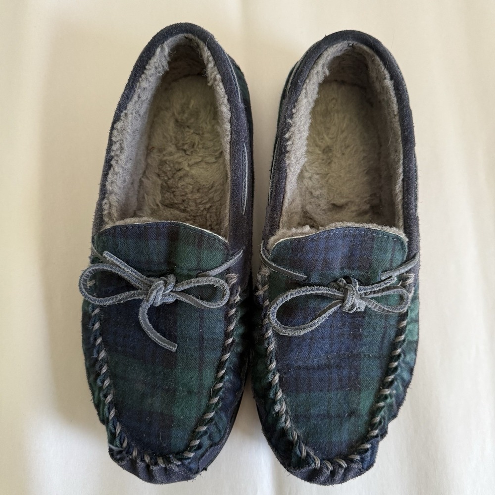 L.L. Bean Wicked Good Plaid Flannel Moccasin Slippers Mens Size 9M‎ Green Blue